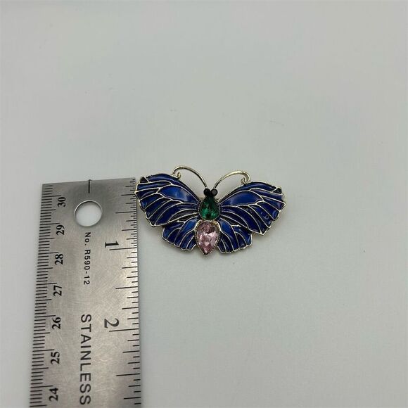 Small Dainty Blue Butterfly Brooch with Green & Pink Rhinestones Whimsical - Picture 10 of 11